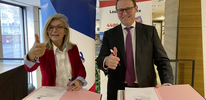De gauche à droite, Florence Poivey, Présidente de WorldSkills France et  Olivier Grisez, Directeur général France du Groupe Loxam.